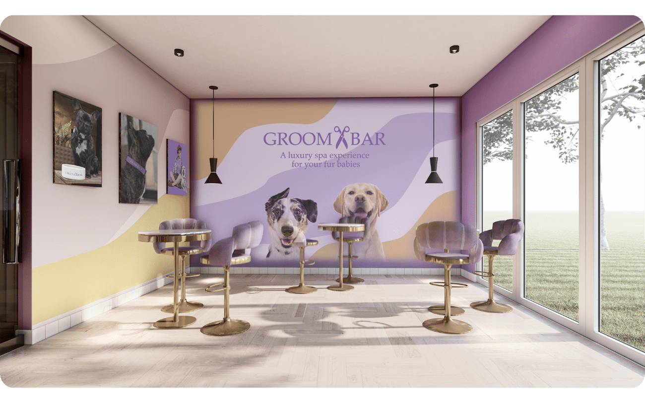 A picture of the waiting room of a GROOMBAR franchise