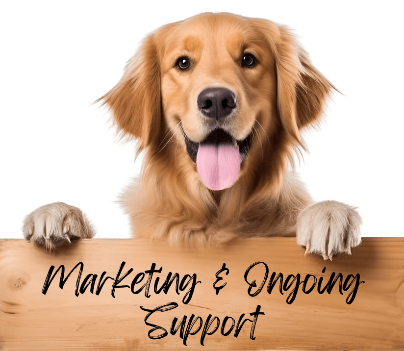 A picture of a dog with a wooden sign that says "Marketing and Ongoing Support"