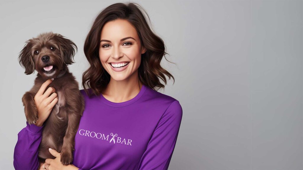 A picture of a lady holing a dog and smiling in a purple shirt with the GROOMBAR logo across it.