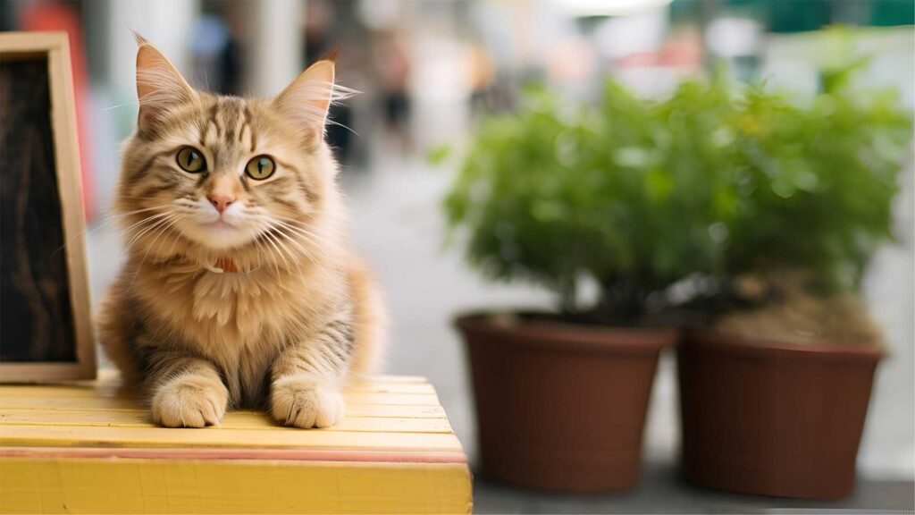 A picture of a young fluffy tabby cat on a table